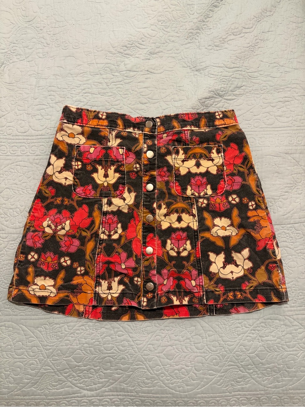 Urban Outfitters Floral Button-Front Mini Skirt in Black, Red & Cream